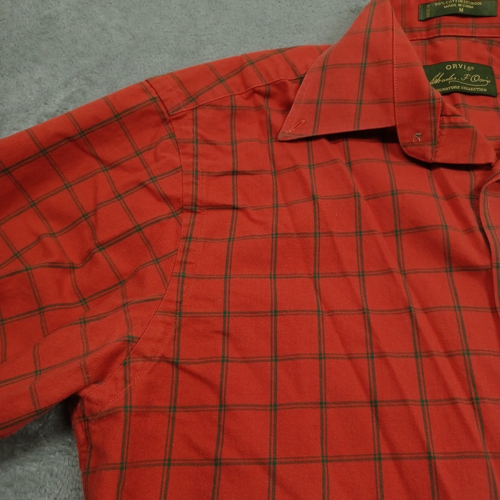 Orvis Shirt Mens Medium Orange Plaid Button Up Outdoor Casual Wool Blend - Picture 2 of 7